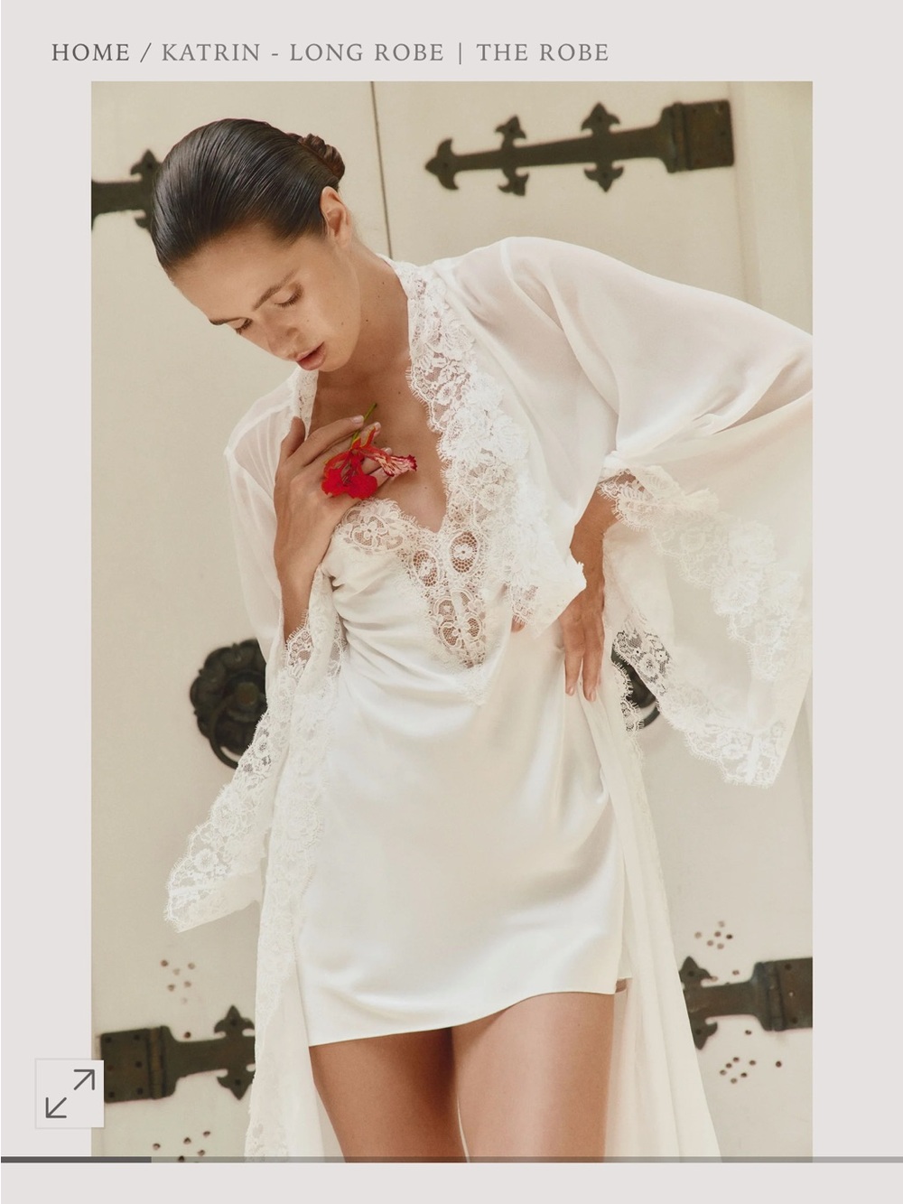 Lace-Trim Satin Robe and Slip Set — White
